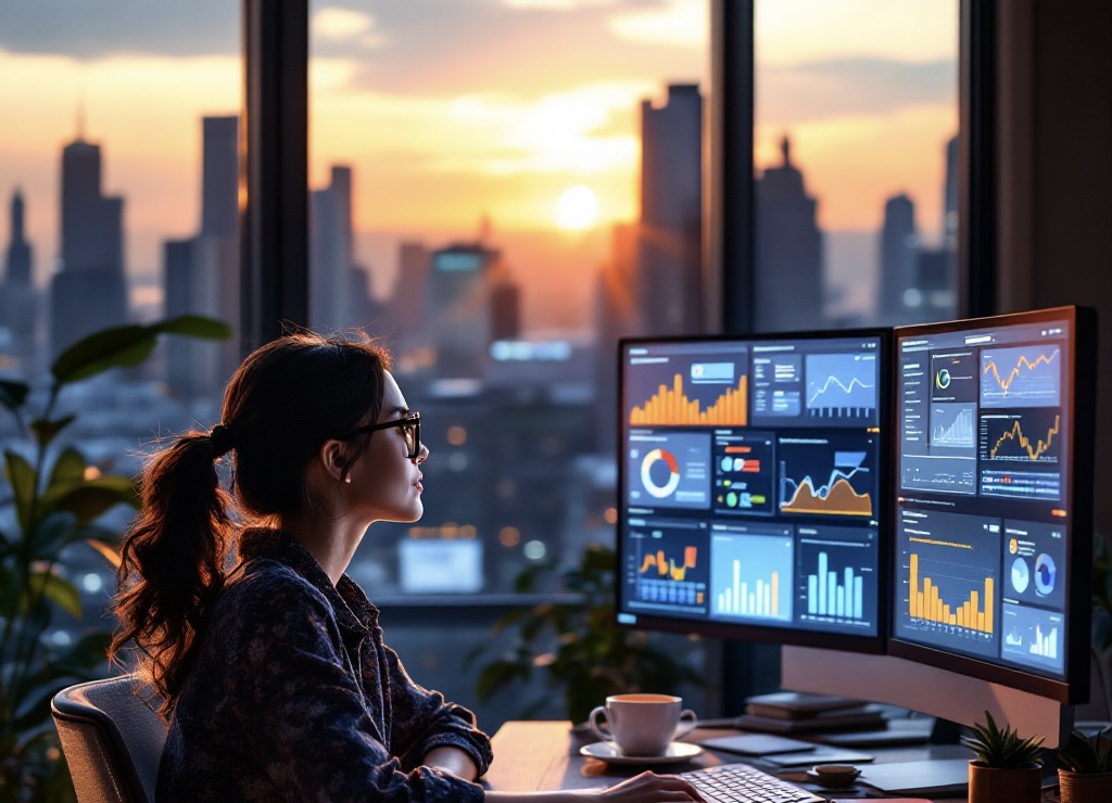 Woman looking at data analysis in a modern office. She is staring at multiple computer screens.