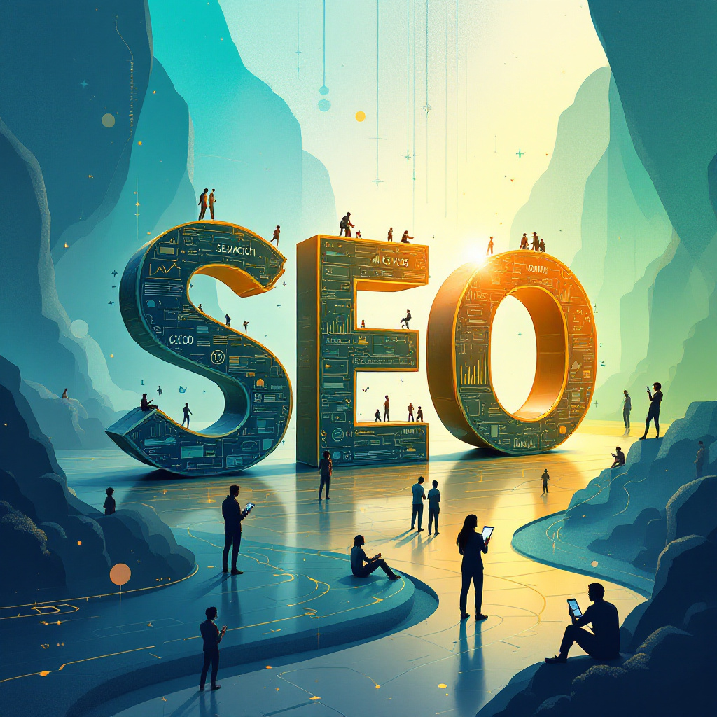 Giant SEO sign with people looking at mobile devices all around.