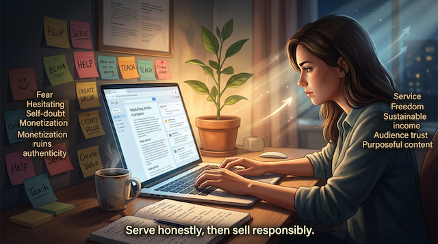 A blogger sits at a desk late at night, focused on creating meaningful content on a laptop. The room feels warm, authentic, and inspiring — not flashy influencer culture. On the screen are helpful blog articles, emails from grateful readers, and signs of genuine audience impact.