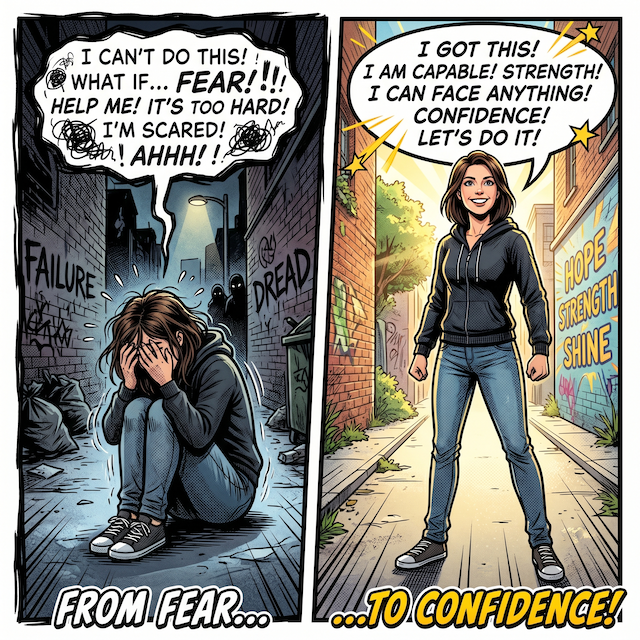 A split screen, left side is a person slumped over with fear and the right side is a person standing tall with confidence.