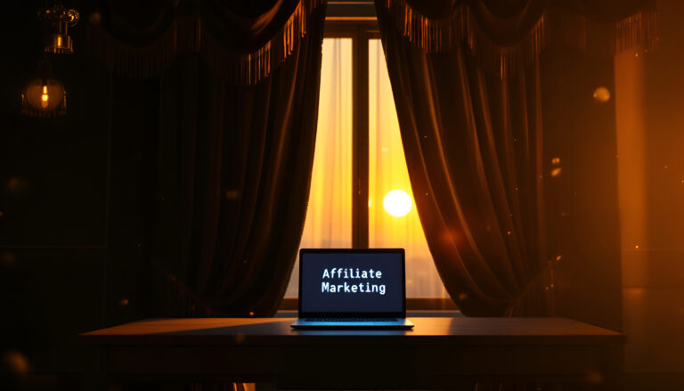 Heavy velvet curtain with gold fringe, sunset, and glowing laptop ("Affiliate Marketing")