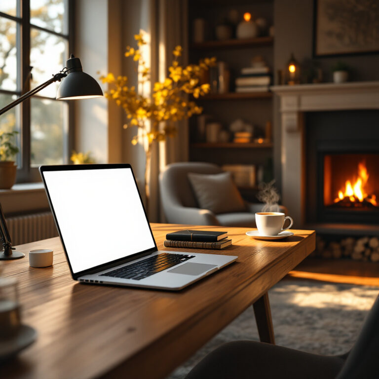 Crafting compelling content in a cozy home office with fireplace lit.