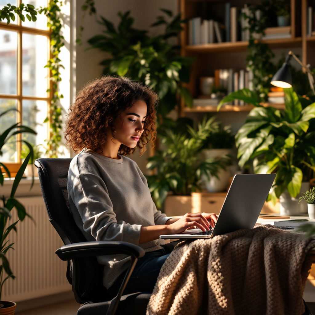A cozy home office with a woman reading a blog post on her laptop.