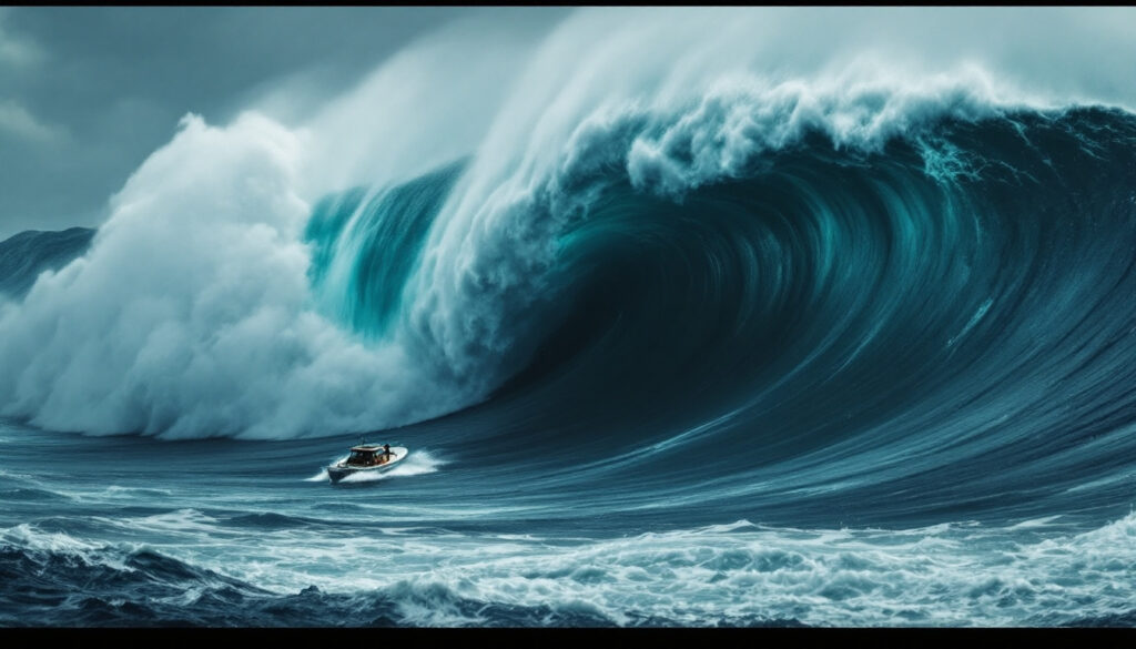 A small boat heading into a giant “monster wave.”