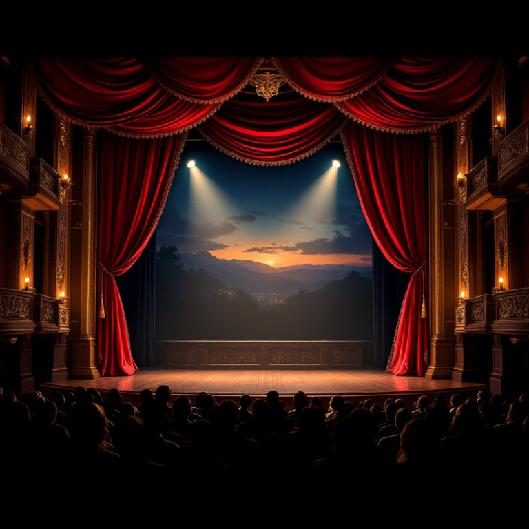 Knowing your audience. Grand theater stage with burgundy velvet curtains.