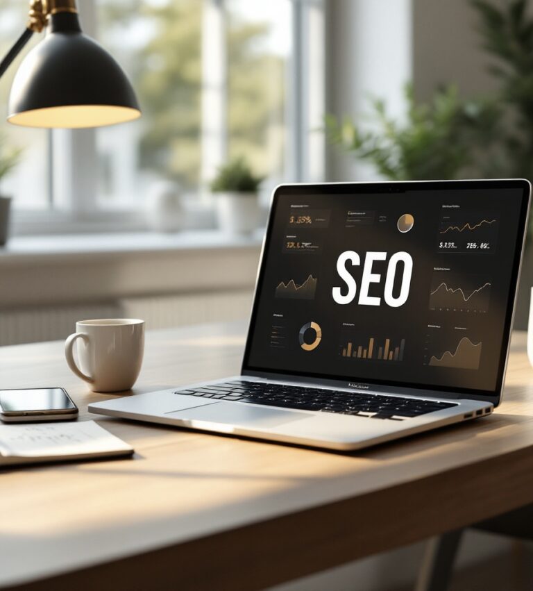 Laptop opened displaying “SEO” on the screen.