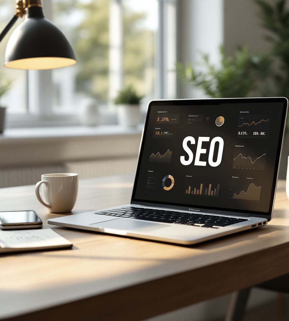 Laptop opened displaying “SEO” on the screen.